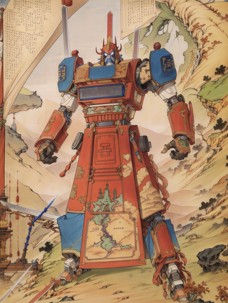 00787-4018394033-best quality, master piece, 1 mecha ,  strong, blue chinese armor, engineering map,drawing, weapon,sword, _lora_画风LoRA：小人书·连环画.png